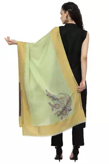 Lush Pastel Green & Multi Woven Design Wool Shawl