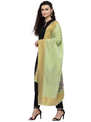 Lush Pastel Green & Multi Woven Design Wool Shawl 4
