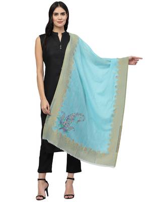 Lush Blue & Multi Woven Design Wool Shawl 1