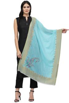 Lush Blue & Multi Woven Design Wool Shawl