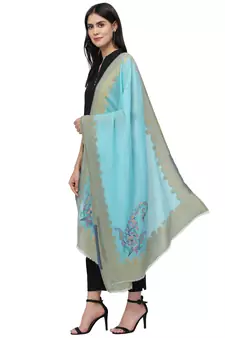 Lush Blue & Multi Woven Design Wool Shawl