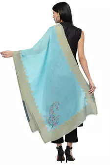 Lush Blue & Multi Woven Design Wool Shawl