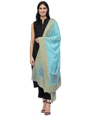 Lush Blue & Multi Woven Design Wool Shawl 4
