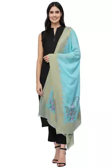 Lush Blue & Multi Woven Design Wool Shawl