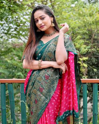 pink original Handmade Bandhej with Faux Kanchipuram zari and minakari weaving big Border bandhani saree 1