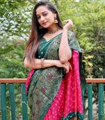 pink original Handmade Bandhej with Faux Kanchipuram zari and minakari weaving big Border bandhani saree