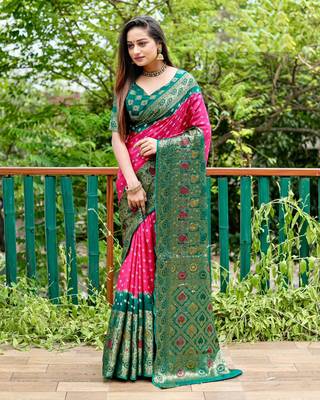 pink original Handmade Bandhej with Faux Kanchipuram zari and minakari weaving big Border bandhani saree 2