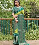 green original Handmade Bandhej with Faux Kanchipuram zari and minakari weaving big Border bandhani saree