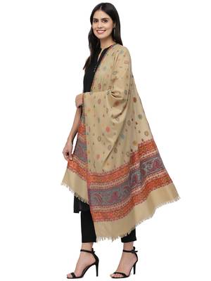 Booti Beige & Multi Paisely Woven Design Polywool Stole 2