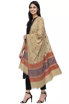 Booti Beige & Multi Paisely Woven Design Polywool Stole