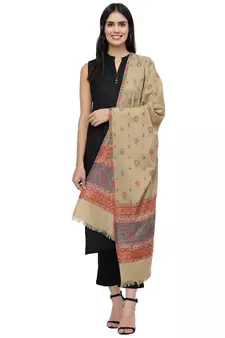 Booti Beige & Multi Paisely Woven Design Polywool Stole