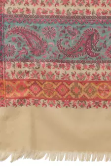 Booti Beige & Multi Paisely Woven Design Polywool Stole