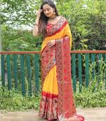 yellow original Handmade Bandhej with Faux Kanchipuram zari and minakari weaving big Border bandhani saree