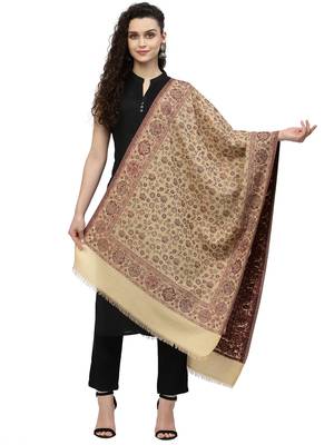 Lush Beige & Maroon Floral Woven Design Polywool Stole 1