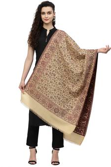 Lush Beige & Maroon Floral Woven Design Polywool Stole