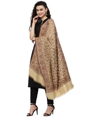 Lush Beige & Maroon Floral Woven Design Polywool Stole 2