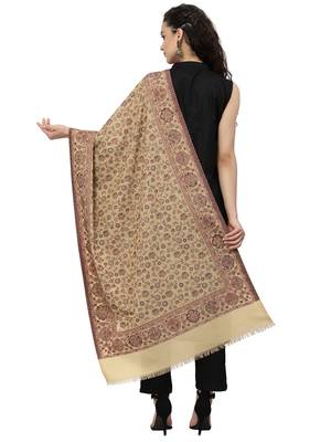 Lush Beige & Maroon Floral Woven Design Polywool Stole 3