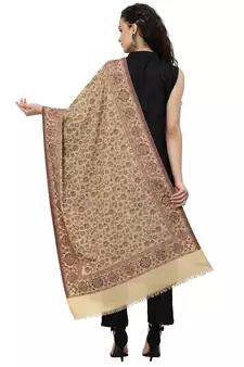Lush Beige & Maroon Floral Woven Design Polywool Stole