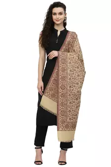 Lush Beige & Maroon Floral Woven Design Polywool Stole