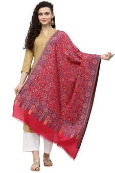 Lush Magenta & Multi Floral Woven Design Polywool Stole