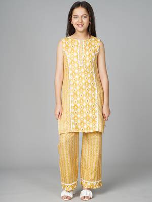 Yellow printed cotton kids pavadai set 1
