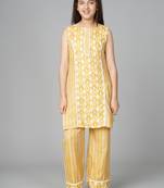 Yellow printed cotton kids pavadai set
