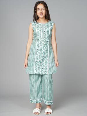 Blue printed cotton kids pavadai set 1