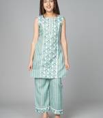 Blue printed cotton kids pavadai set