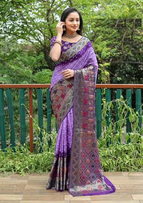 purple original Handmade Bandhej with Faux Kanchipuram zari and minakari weaving big Border bandhani saree 1