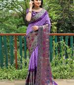 purple original Handmade Bandhej with Faux Kanchipuram zari and minakari weaving big Border bandhani saree