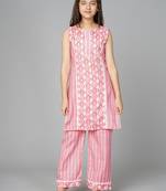 Pink printed cotton kids pavadai set