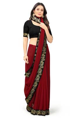 Maroon plain georgette saree with blouse 2