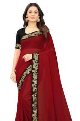 Maroon plain georgette saree with blouse 3