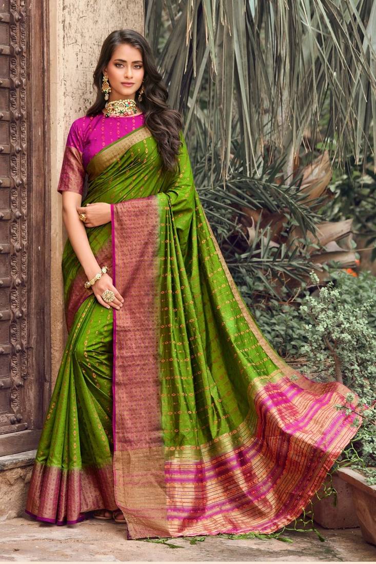 Women's Kanjeevaram Silk Green Woven Design Designer Saree With Blouse Piece