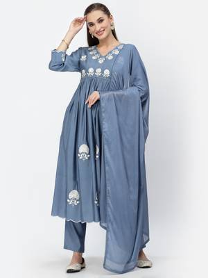 Light-blue thread embroidery chanderi silk salwar 1