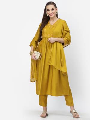 Mustard thread embroidery chanderi silk salwar 1