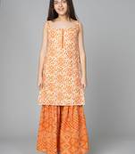 Orange printed cotton kids pavadai set