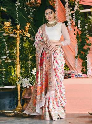 White woven pure silk saree with blouse 5