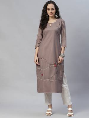 Light-brown embroidered cotton cotton-kurtis 1