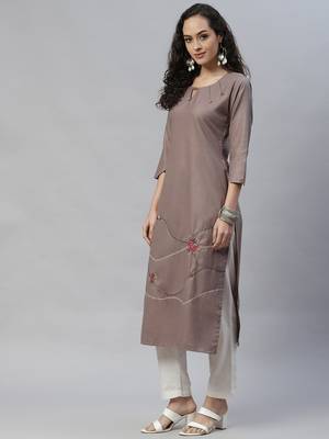 Light-brown embroidered cotton cotton-kurtis 2
