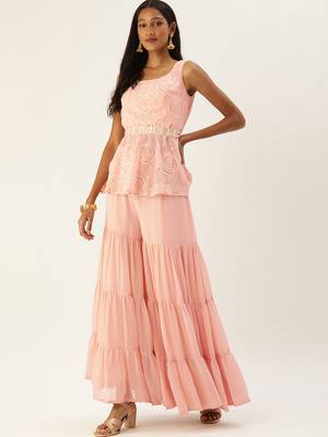 Ethnovogue Ready To Wear Pink Embroidered Peplum Top N Palazzo Set 1