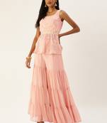 Ethnovogue Ready To Wear Pink Embroidered Peplum Top N Palazzo Set
