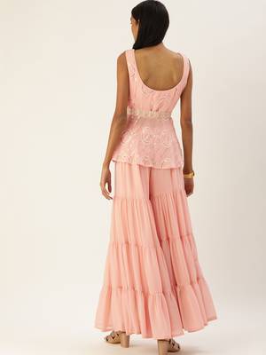 Ethnovogue Ready To Wear Pink Embroidered Peplum Top N Palazzo Set 2