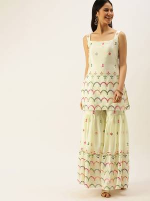 Ethnovogue Ready To Wear Cream Chinon Embroidered Gharara Set 1