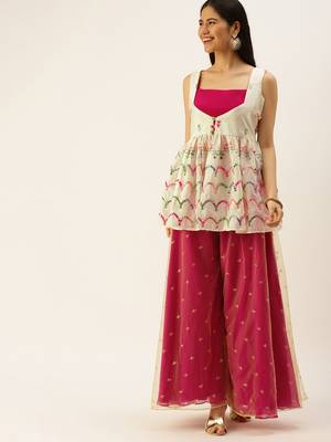 Ethnovogue Ready To Wear Cream Chinon Embroidered N Pink Palazzo Suit 1