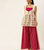 Ethnovogue Ready To Wear Cream Chinon Embroidered N Pink Palazzo Suit