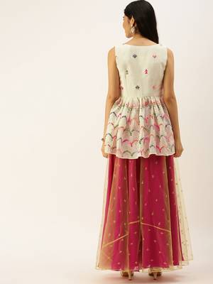 Ethnovogue Ready To Wear Cream Chinon Embroidered N Pink Palazzo Suit 2