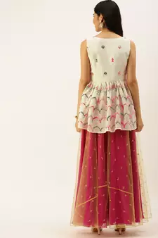 Ethnovogue Ready To Wear Cream Chinon Embroidered N Pink Palazzo Suit