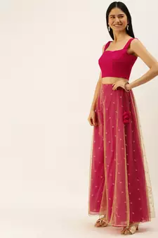 Ethnovogue Ready To Wear Cream Chinon Embroidered N Pink Palazzo Suit