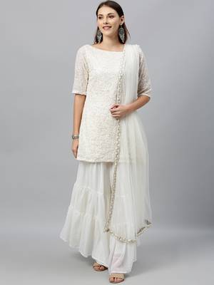 Ethnovogue Ready To Wear White Embroidered Georgette Gharara Suit 1